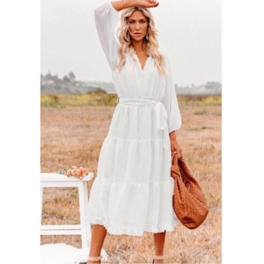 By The River White Ruffle Tiered Dress Size S
